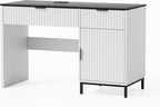 47" Fluted Executive Desk, Modern Wood Home Office Desk with Charging Station, Drawer & Cabinet, Computer Writing Desk for Work Study, White and Black