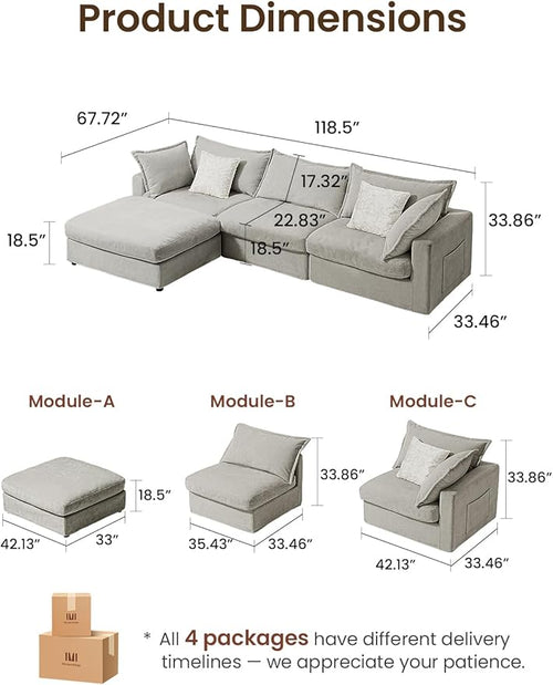 118.5" Down Filled Cloud Couch, Chenille Modular Sectional Sofa with Storage Ottoman, 3-Seater L Shape Sofa with Throw Pillows, Mordern Sectional Couches for Living Room, Light Grey