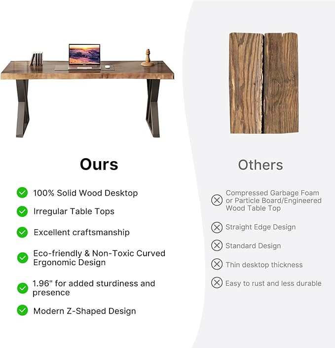 Solid Wood Desk 55 inches, Home Office Computer Desk Wooden Rustic Writing Desk Metal Modern Simple Design Executive Real Wood Desk(Rustic Brown)