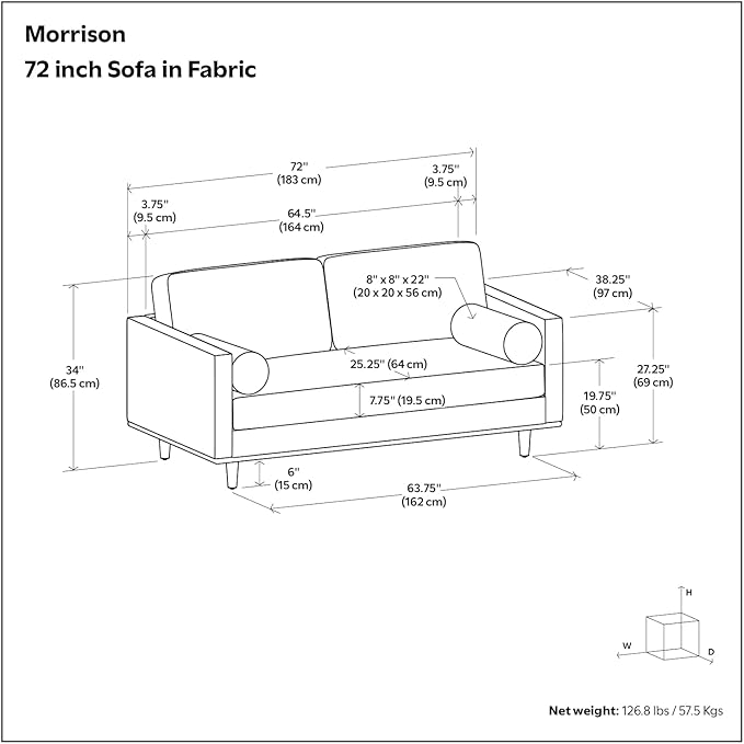 SIMPLIHOME Morrison 72-inch Wide Sofa in Cream White Woven-Blend Fabric, Handcrafted Mid-Century Modern Loveseat for Living Room or Family Room, Single Bench Cushion, Bolster Pillows