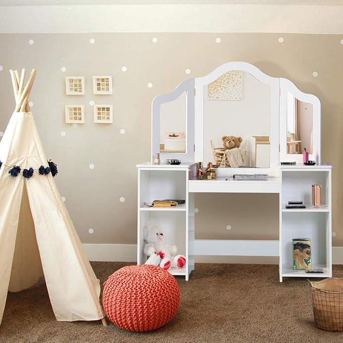 GOFLAME Kids Vanity Table, 2 in 1 Detachable Design with Dressing Table and Writing Desk, Princess Style, White MDF and Plastic Mirror, 42"×16"×46" (L×W×H), 2 Oversized Shelves, 3-Panel Mirror