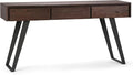 SIMPLIHOME Lowry Console Table - 60 Inch Wide Solid Acacia Wood Sofa Table in Distressed Charcoal Brown, Modern Industrial Storage Table for Living Room with 3 Drawers and Angled Metal Legs