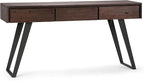 SIMPLIHOME Lowry Console Table - 60 Inch Wide Solid Acacia Wood Sofa Table in Distressed Charcoal Brown, Modern Industrial Storage Table for Living Room with 3 Drawers and Angled Metal Legs