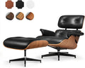 Top Black Grain Leather, Mid Century Chaise Lounge Chair and Ottoman, Modern Chair Classic Design, Heavy Duty Base Support for Living Room Study Lounge Office, Walnut