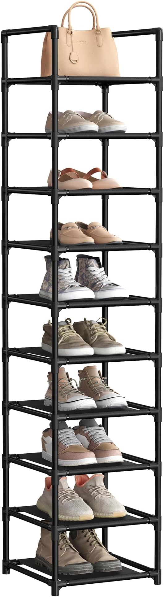 SONGMICS Shoe Rack, 10-Tier Shoe Shelf, Shoe Storage Organizer, 13 x 13 x 68 Inches, Metal Frame, Non-Woven Fabric Shelves, for Entryway, Bedroom, Black ULSR110B02