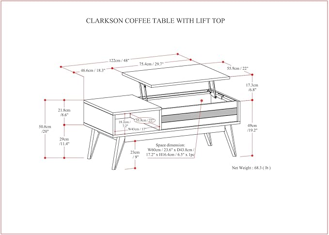 SIMPLIHOME Clarkson Lift Top Coffee Table - 48 inch Wide Solid Acacia Wood Mid-Century Cocktail Table in Rustic Natural Aged Brown, Stylish Living Room Table with Storage Compartment and Open Shelf