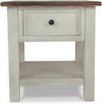 Signature Design by Ashley Bolanburg Farmhouse Rectangular End Table, Plank Style Top, Drawer, Wood, 24" W x 27" D x 25" H, 2-tone Finish, Antique Cream