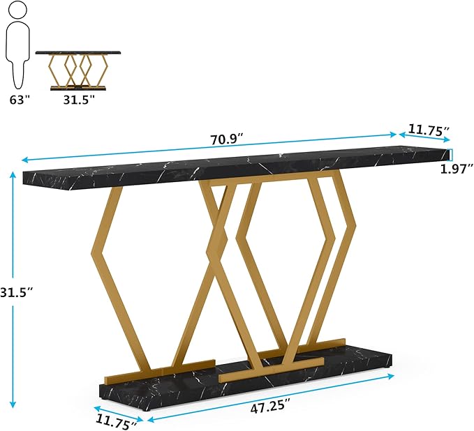 Tribesigns 70.9 Inch Extra Long Sofa Table，Black and Gold Console Table with Faux Marble Tabletop, Modern Long Entryway Table with Gold Frame
