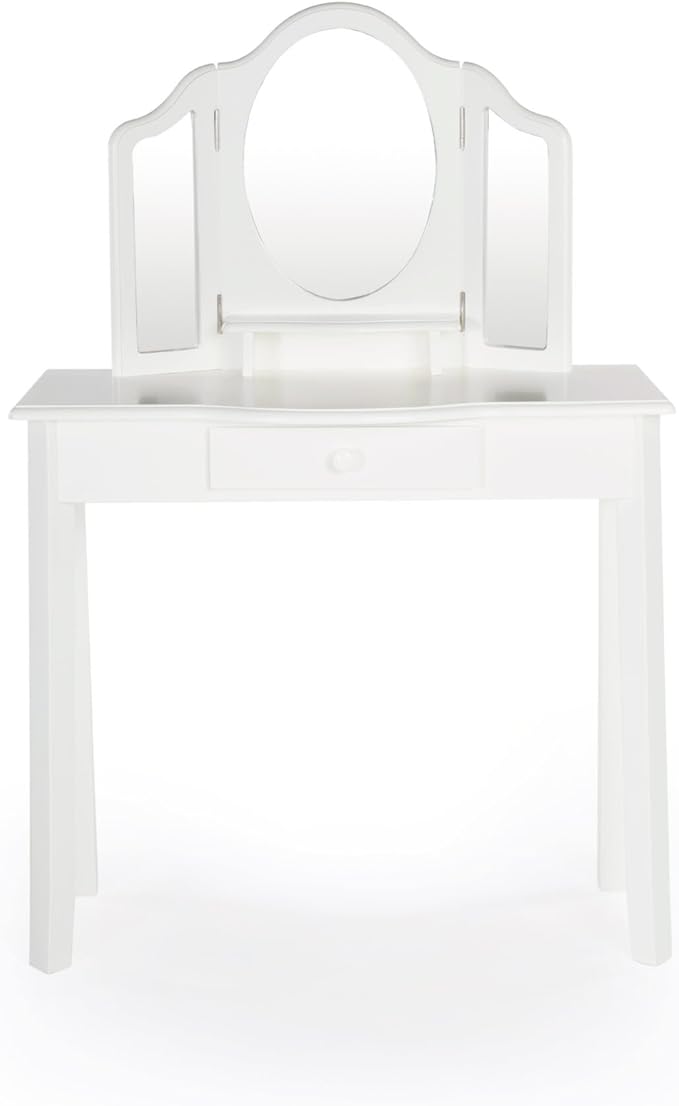 Guidecraft Classic White Vanity and Stool Set for Kids Age 3-8, Pretend Play Vanity with Mirrors for Girls, Wooden Makeup Table with Storage Drawer