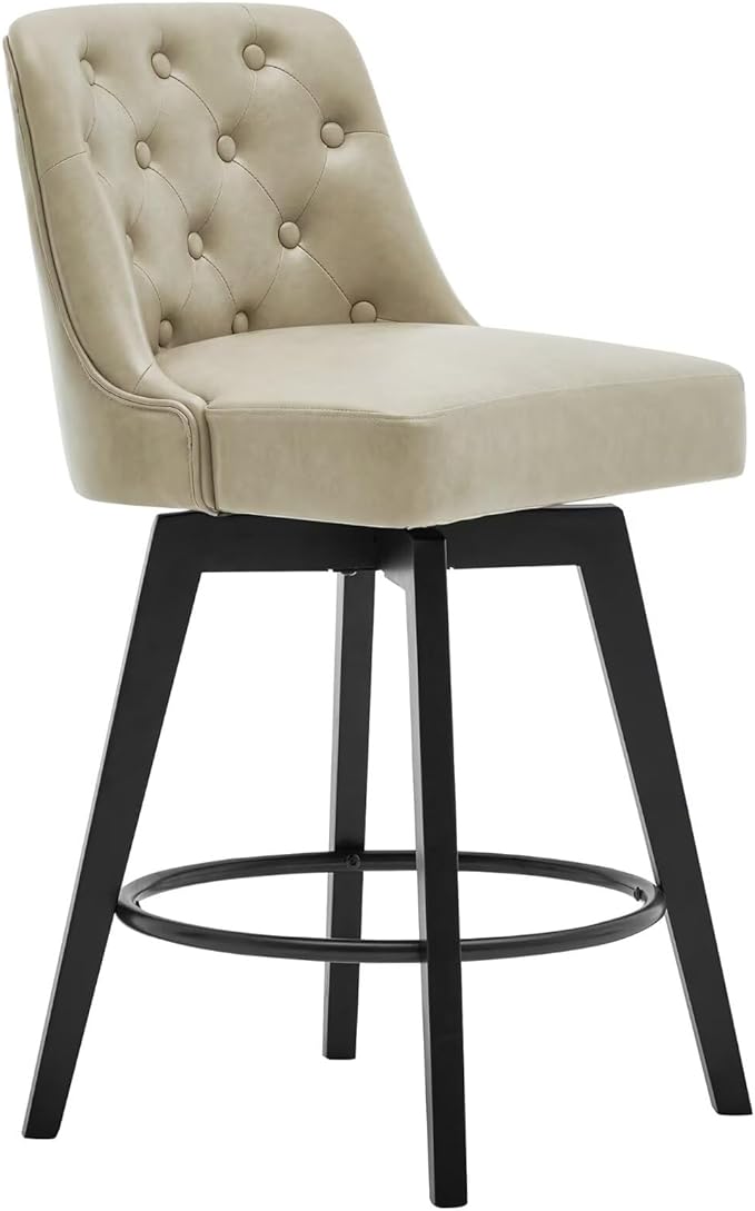 MINCETA Bar Stools Set of 4, PU Leather Barstools, 26 Inch Upholstered Counter Stools with Low Tufted Back and Footrest, Swivel Counter Height Barstools for Kitchen Island Home Bar Khaki