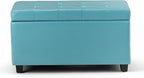 SIMPLIHOME Cosmopolitan 34 inch Wide Transitional Rectangle Storage Ottoman in Soft Blue Vegan Faux Leather, Assembled, For the Living Room, Entryway and Family Room
