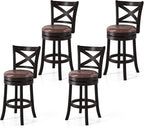 COSTWAY Bar Stools Set of 4, 26" Swivel Counter Height Bar Chairs with Copper Nails, Upholstered Seat, X-Shaped Backrest, Solid Rubber Wood Frame, for Kitchen Island Pub Bar