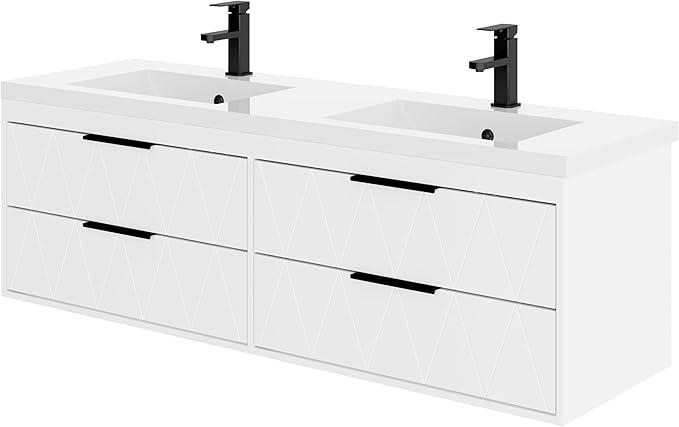 eclife 60" Bathroom Vanities Cabinet with Sink Combo, Wall Mounted Floating Cabinet W/Decor Line, Soft-Close System, 4 Extra Big Drawers, Matte Black Faucet, White