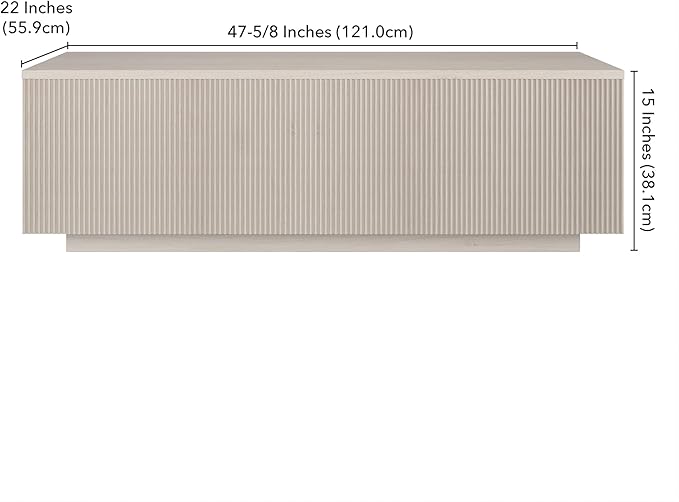 Henn&Hart 48" Fluted Rectangular Low-Profile Coffee Table for Living Room, Family Room, or Office, Alder White