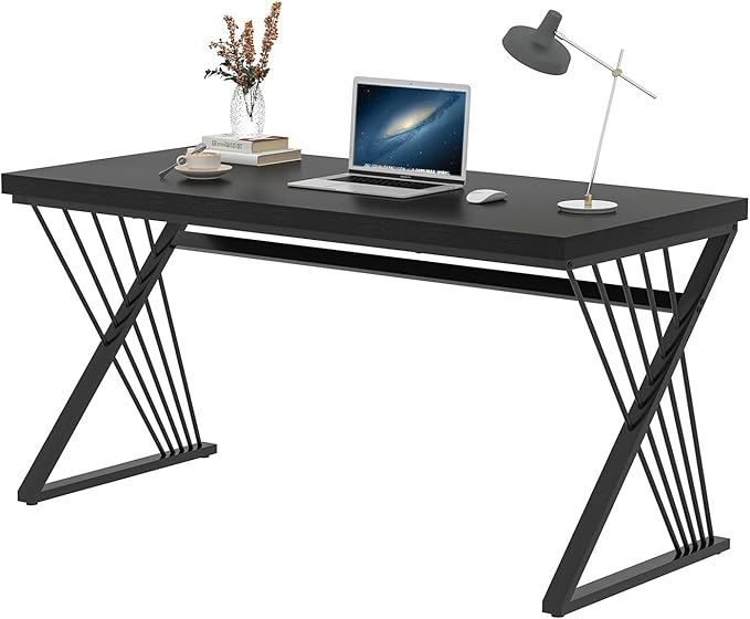FOLUBAN Black Desk, Modern Wood and Metal Computer Desks for Home Office, Simple Writing Work PC Desk for Bedroom, Industrial Study Gaming Table for Living Room, 60 Inch