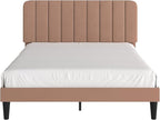 VECELO Full Size Bed Frame with Upholstered Headboard, Velvet Platform Bedframe Mattress Foundation, Strong Wood Slat Support, No Box Spring Needed,Tan Brown