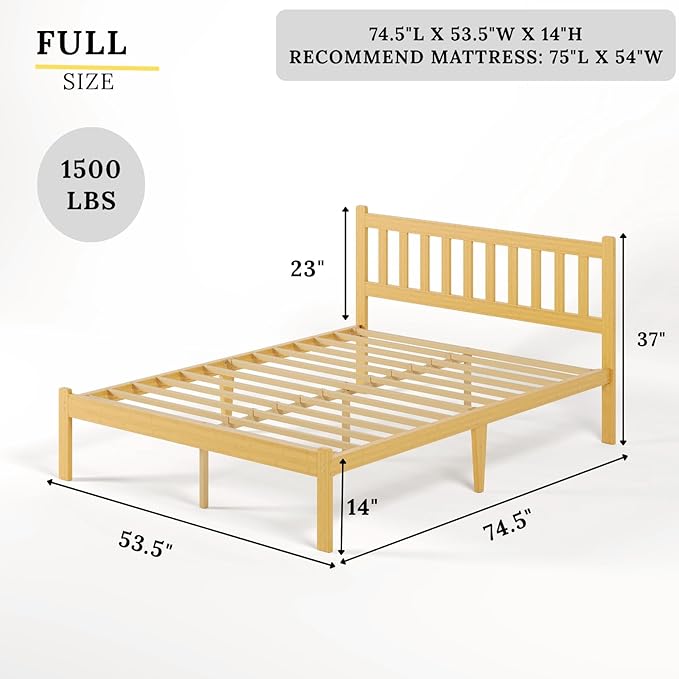 Askeld Wood Full Bed Frame with Headboard, 14 Inch High Solid Bamboo Platform Bed No Box Spring Needed, Mid-Century Heavy Duty Bedframe, Easy Assembly, Noise Free