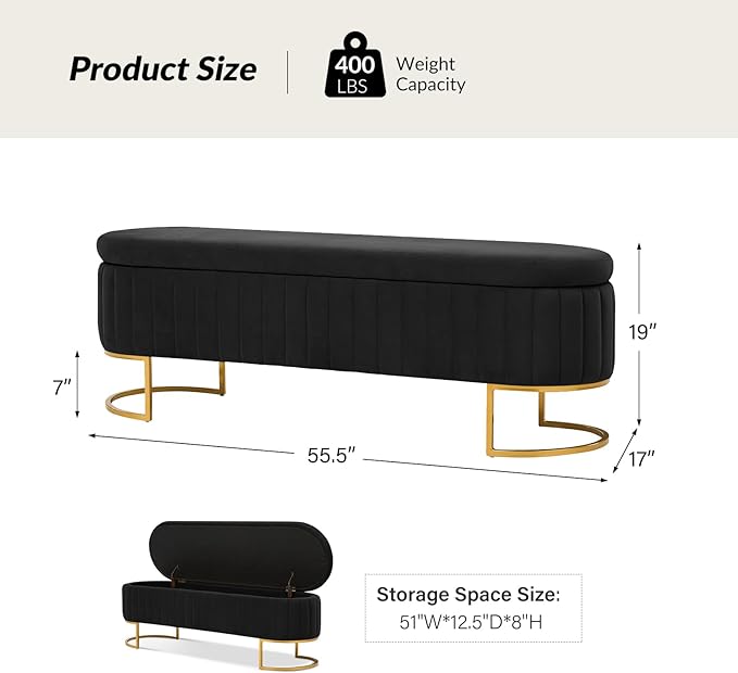 EcoHarbor Living 55.5" Storage Bench Ottoman End of Bed Bench Bedroom Bench, Upholstered Velvet Long Window Bench Large King Size with Gold Legs, Flipping Lid Entryway Footrest (Black)