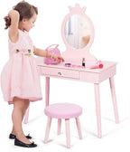Costzon Kids Vanity Set, Wooden Princess Makeup Table with Cushioned Stool, Large Drawer, Solid Wooden Legs and Crown Mirror, Pretend Beauty Make Up Dressing Play Set for Girls Best Gift (Pink)