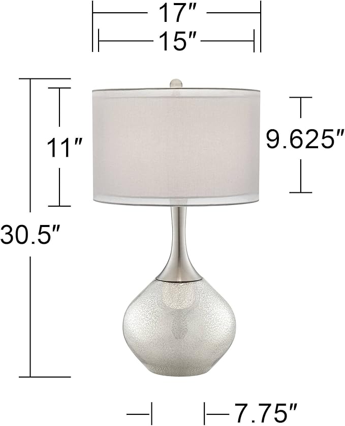 Possini Euro Design Swift Mid Century Modern Table Lamps 30.5" Tall Set of 2 Mercury Glass Chrome Double Sheer Drum Shade Decor Living Room Bedroom House Bedside Nightstand Home Office Entryway