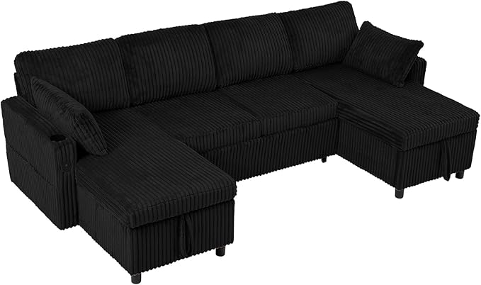 110" Corduroy Pull Out Sofa Bed w/Adjustable Backrests, Sectional U-Shape Sleeper Sofa w/Storage Chaise, Convertible Couch Bed w/USB Charging Port & Cup Holders for Living Room, House, Black