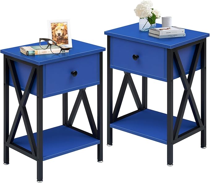 VECELO End Tables, Modern Nightstand with Drawer & Shelf, Night Stand for Bedroom Living Room,Industrial Metal Frame