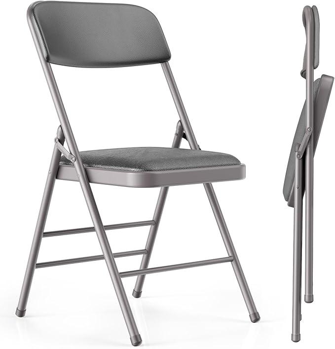 Commercial Grade Folding Chair with Padded Fabric Cushion（16"X16" |Double-hinged Legs Luxury Style|4.5kg Capacity Max Weight 150Kg for Home and Office,Indoor and Outdoor Events (2, PU-Gray)