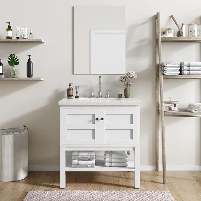 Hanover Manorville 31'' Vanity Cabinet with Sink Combo for Bathroom, Powder Room | Pre-Assembled Cabinet | 2 Doors, Bottom Shelf | Artificial Stone Marble Countertop, White Cabinet | HANVN0101-31-1WH