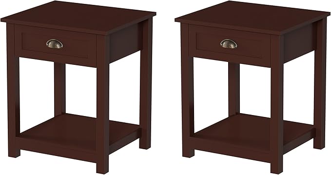 Lavish Home End Tables with Drawer - Set of 2 Sofa or Bedside Tables with Storage Shelf - Shaker Style Wooden Nightstand or Side Table Pair (Brown)