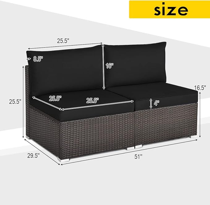 COSTWAY 2PCS PE Rattan Armless Sofa, Wicker Patio Conversation Set Chairs with Soft Cushion, Outdoor Sectional Furniture for Yard, Poolside (Black)