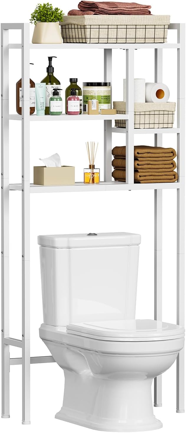 Over The Toilet Storage Rack, 3-Tier Bathroom Organizer Over Toilet, Wooden Above Toilet Storage Shelf, Space Saver, Freestanding BathroomStorage Metal Shelf, Easy to Assemble, White