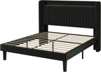 Allewie Queen Size Platform Bed Frame with USB Charging Station and Storage Shelf/Upholstered Velvet Wingback Headboard/Wooden Slats Support/No Box Spring Needed/Easy Assembly, Black