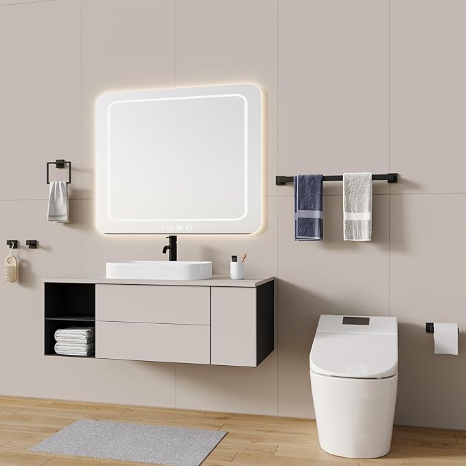 Bathroom Accessory Towel Bar Set: 5 Pieces Matte Black Square Bathroom Hardware SUS304 Stainless Steel - 24 Inch Wall Mounted Towel Rack&Toilet Paper Holder&Towel Ring and Towel Hook
