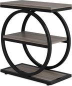 LITTLE TREE 3-Tier End Table, Grey Side End Table with Storage Shelves, Small Sofa Side Table for Living Room, Slim Nightstand and Bedside Table with Black Double Round Metal Legs
