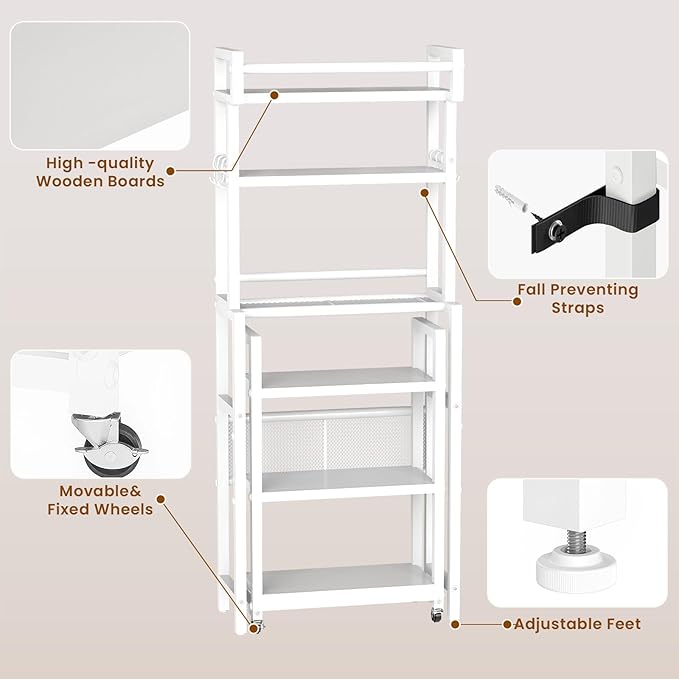 Recaceik 6-Tier Over The Toilet Storage Shelf with Cart, Freestanding Above Toilet Shelf Rack, Farmhouse Bathroom Organizer Shelves, Space Saver (White)