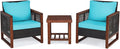 COSTWAY 3 Pieces Wicker Patio Furniture Set, Outdoor Wicker Sofa with Acacia Wood Frame, Coffee Table & Washable Cushions, Rattan Conversation Sets for Yard, Porch, Bistro Balcony Backyard, Turquoise
