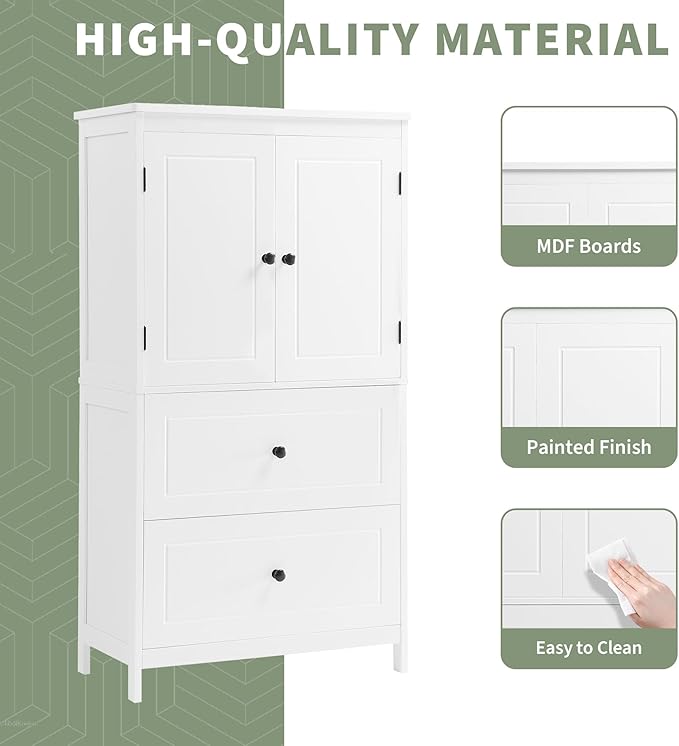 Tall Storage Cabinet, Bathroom Floor Freestanding Storage Cabinet with 2 Doors and 2 Drawers for Bathroom, Office, Living Room, White