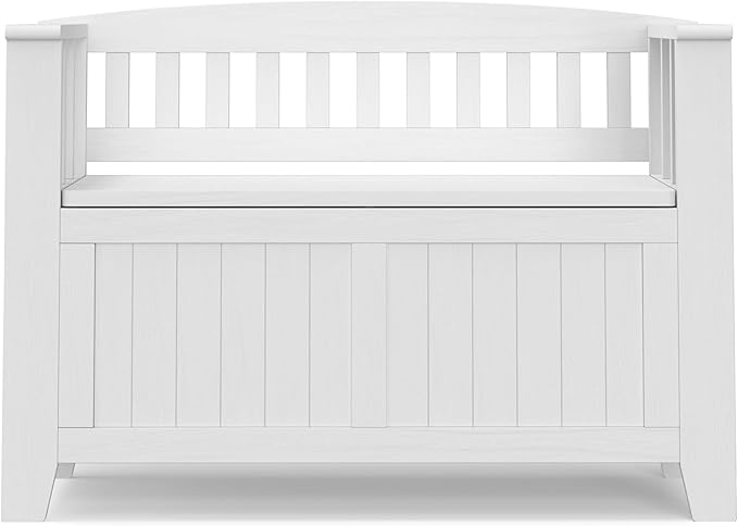 SIMPLIHOME Acadian Entryway Storage Bench - 36 inch Wide Solid Wood Small Hallway Seat in White, Transitional Bench for Mudroom or Entryway with Lift-Up Lid, 2 Compartments and Slatted Backrest
