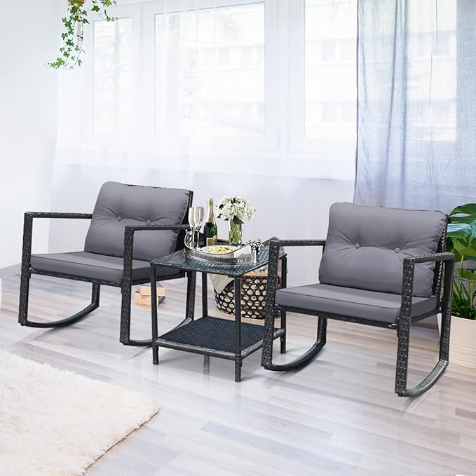 COSTWAY 3 Pieces Patio Rattan Rocking Chair Set, Outdoor Conversation Furniture Sets with Coffee Table, Storage Shelf and Cushions, Modern Bistro Set for Porch, Backyard, Garden, Gray