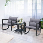 COSTWAY 3 Pieces Patio Rattan Rocking Chair Set, Outdoor Conversation Furniture Sets with Coffee Table, Storage Shelf and Cushions, Modern Bistro Set for Porch, Backyard, Garden, Gray