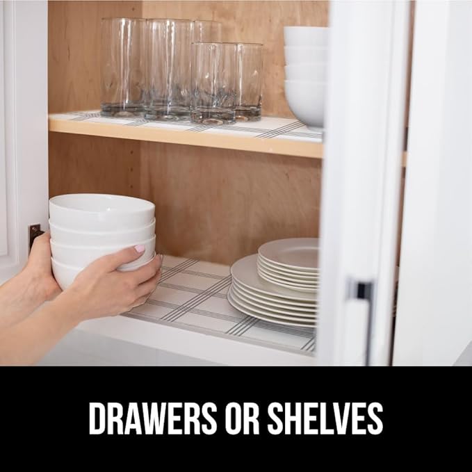 GORILLA GRIP Slip Resistant Drawer and Shelf Liner 2 Pack, Non Adhesive Water Resistant, Easy Trim, Smooth Surface Liners for Kitchen Cabinet, Shelves, Drawers Pantry, 12 IN x 10 FT, Stripe Gray White
