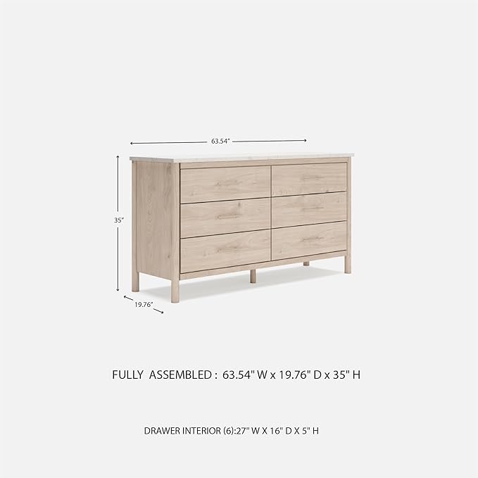 Signature Design by Ashley Cadmori Casual Bohemian Dresser with Post Legs and 6 Drawers, Replicated Marble Top, Wood, 35" High, White and Light Brown Finish