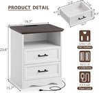 Nightstand with Charging Station, Farmhouse End Table with 2 Drawers Storage and Open Shelf, Wood Cabinet with Unique Base Design, Bedside Table for Bedroom, Living Room, White
