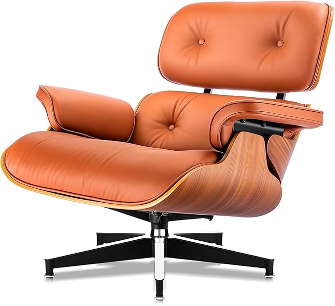 Top Grain Leather, Mid Century Chaise Lounge Chair and Ottoman, Modern Chair Classic Design, Heavy Duty Base Support for Living Room Study Lounge Office, Palisander-Brown, Heightening