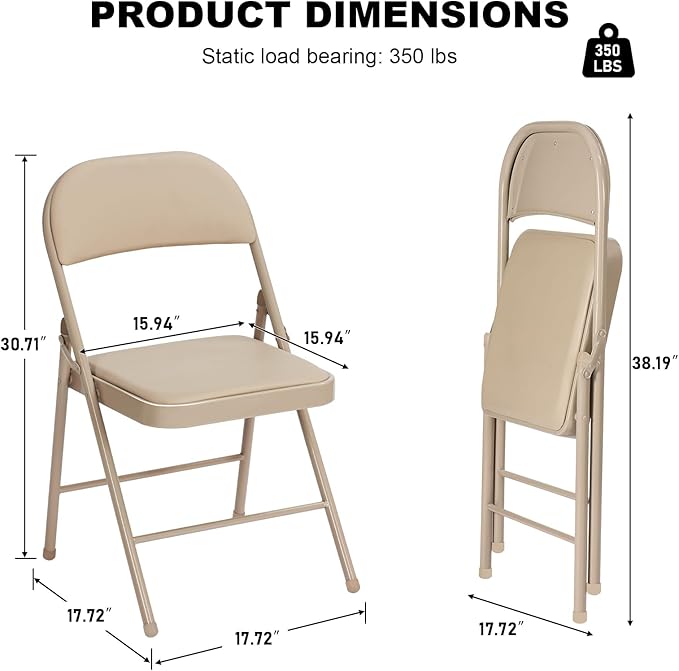 6 Pack Khaki Folding Chairs with Padded Cushion for Outside, Portable Stackable Commercial Metal Foldable Chairs with Steel Frame for Home Events Office Wedding Party, 350lbs Capacity