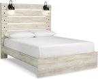 Signature Design by Ashley Cambeck Farmhouse Queen Panel Bed with LED Sconce Lights and USB Charging Ports, Open Slat Styling, Foundation or Box Spring Needed, Wood, Whitewash Finish