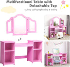 GOFLAME Kids Vanity Table, 2 in 1 Detachable Design with Dressing Table and Writing Desk, Princess Makeup Dressing Table with 4 Large Storage Shelves and 3-Panel Mirror for Kids and Girls (Pink)