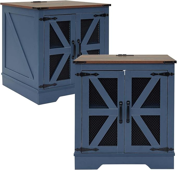 White Farmhouse End Table Set of 2, 24" Wood Sofa Side Table with Charging Station, Nightstand with Mesh Barn Door for Living Room, Square