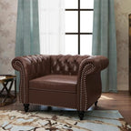 Living Room Chair, Modern Leather Chesterfield Sofa Chair, Mid Century Single Sofa Couch Chair with Tufted Back and Rolled Arms, Accent Sofa Chair for Living Room Apartment, Brown