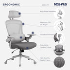 Nouhaus Ergo Fit Ergonomic Mesh Office Chair High Back Adjustable Lumbar Support Headrest and Adjustable Flip-up Armrests, Comfy Desk Chairs Swivel Computer Gaming Chair Tilt Function(N20, Grey)